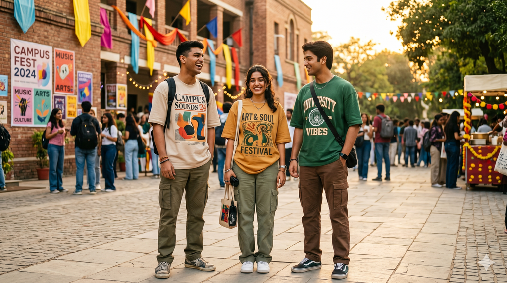 "College students wearing Indian streetwear outfits at a college fest in India"