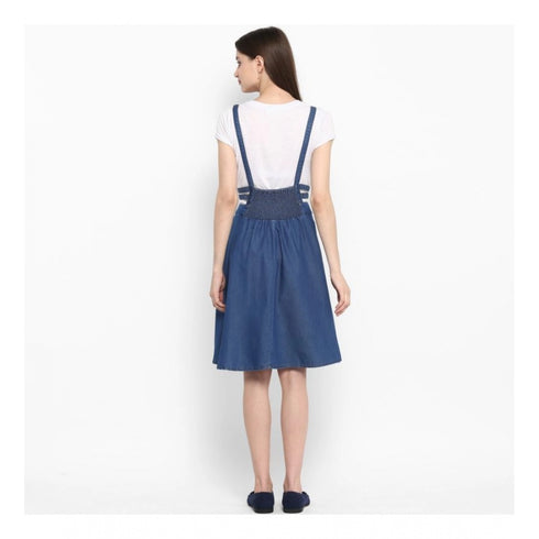 Generic Women's Denim Solid Shoulder Straps Below Knee Dress (Blue)