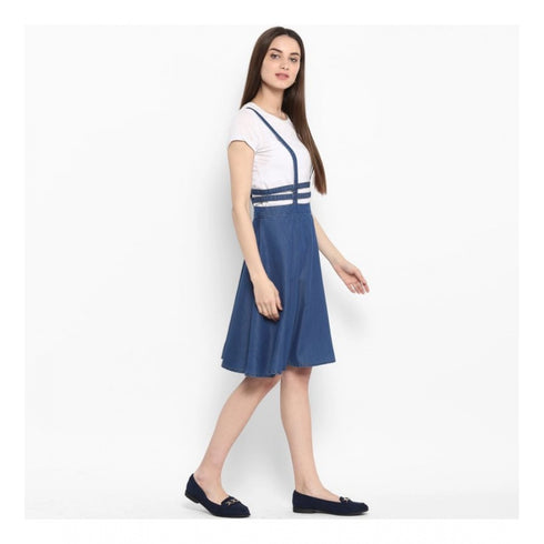 Generic Women's Denim Solid Shoulder Straps Below Knee Dress (Blue)