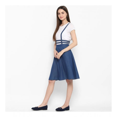 Generic Women's Denim Solid Shoulder Straps Below Knee Dress (Blue)