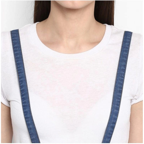 Generic Women's Denim Solid Shoulder Straps Below Knee Dress (Blue)