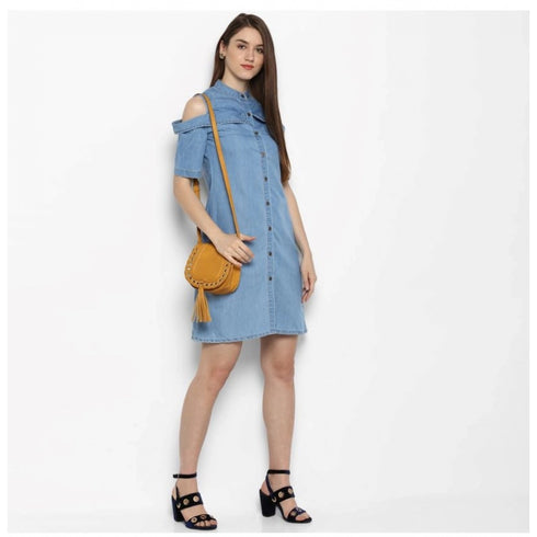 Generic Women's Denim Solid Cold Shoulder Above Knee Dress (Blue)
