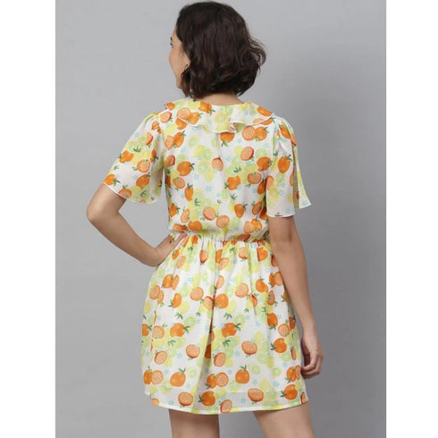 Generic Women's Polyester Printed Flutter Above Knee Dress (Yellow - Orange)