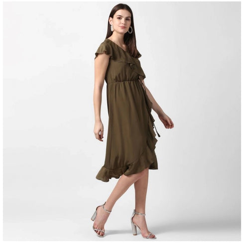 Generic Women's Polyester Ruffled Cap Sleeve Knee-Length Dress (Olive)