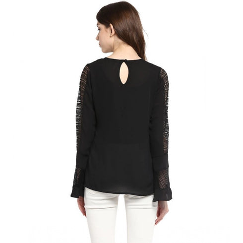 Generic Women's Polyester Georgette Self Design Bell Sleeve Regular Top (Black)