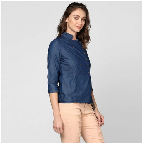 Generic Women's Denim Solid 3-4th Sleeves Top (Blue)