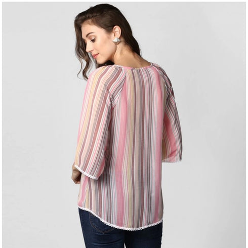 Generic Women's Polyester Striped 3-4th Sleeves Top (Pink)