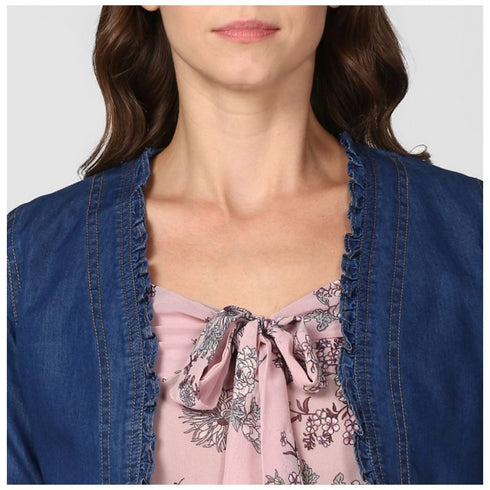 Generic Women's Denim Ruffled Long Sleeves Shrug (Navy Blue)
