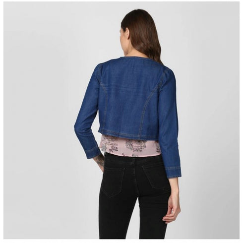 Generic Women's Denim Ruffled Long Sleeves Shrug (Navy Blue)