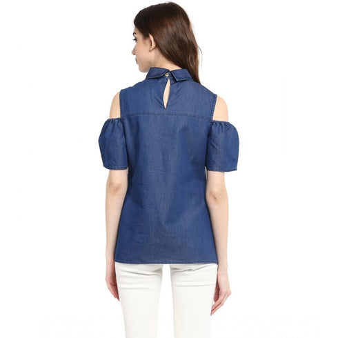 Generic Women's Denim Solid Cold Shoulder Regular Top (Blue)
