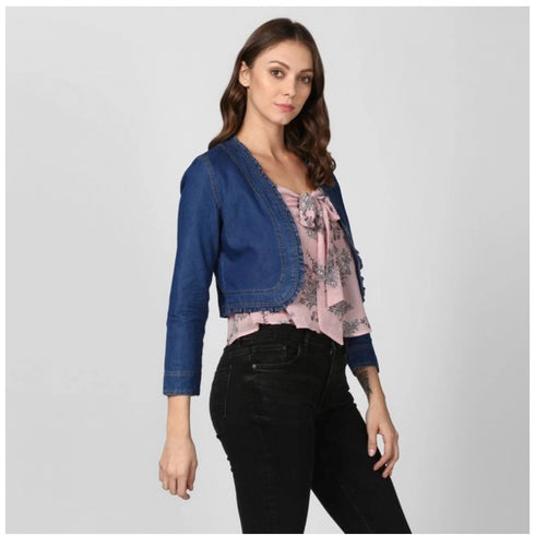 Generic Women's Denim Ruffled Long Sleeves Shrug (Navy Blue)