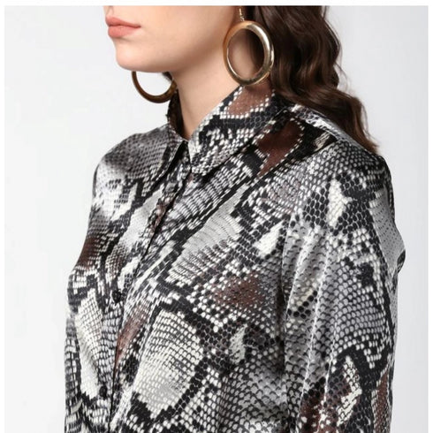 Generic Women's Satin Animal Print Long Sleeves Standard Length Shirt (Black - Grey)