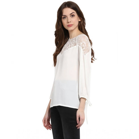 Generic Women's Polyester Georgette Self Design 3-4th Sleeves Regular Top (White)