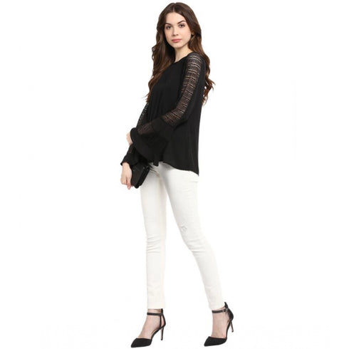 Generic Women's Polyester Georgette Self Design Bell Sleeve Regular Top (Black)