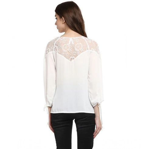 Generic Women's Polyester Georgette Self Design 3-4th Sleeves Regular Top (White)