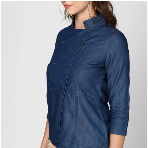 Generic Women's Denim Solid 3-4th Sleeves Top (Blue)