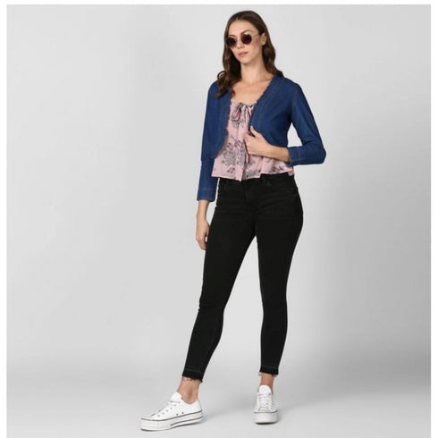 Generic Women's Denim Ruffled Long Sleeves Shrug (Navy Blue)