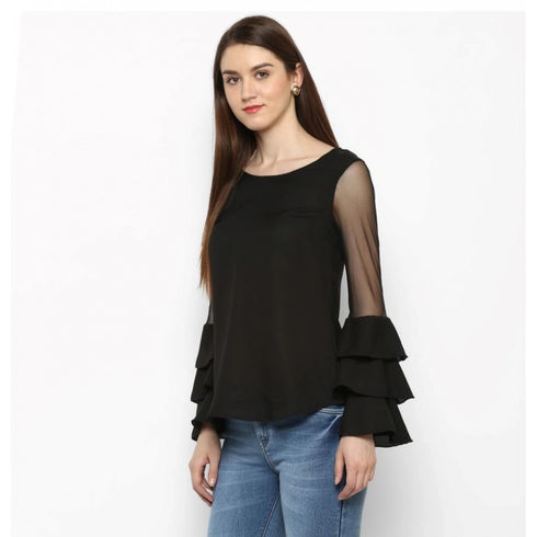 Generic Women's Polyester Solid Tier Sleeve Top (Black)