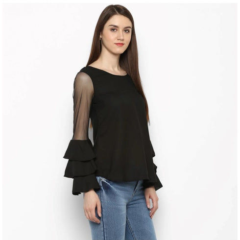 Generic Women's Polyester Solid Tier Sleeve Top (Black)