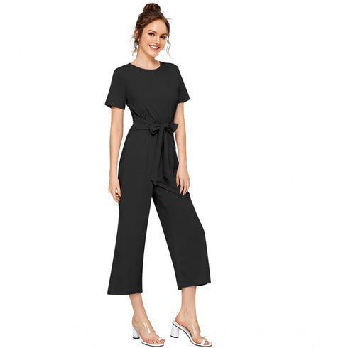 Generic Women's Knitting stretchable Solid Round Neck Cap Sleeve Jumpsuit (Black)