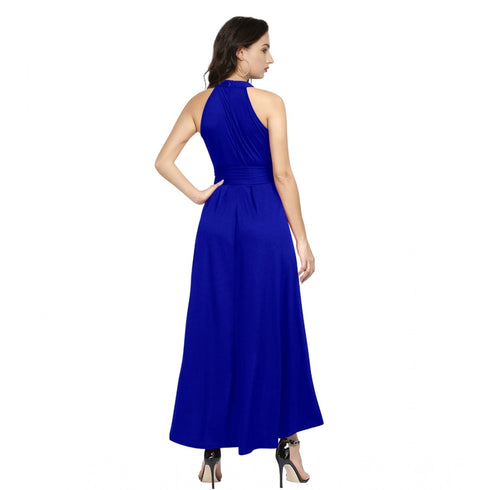 Generic Women's Polyster Solid Halter Neck Sleeveless Dress (Royal Blue)
