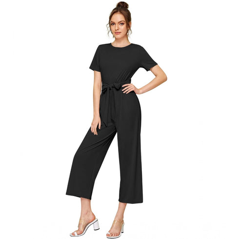 Generic Women's Knitting stretchable Solid Round Neck Cap Sleeve Jumpsuit (Black)
