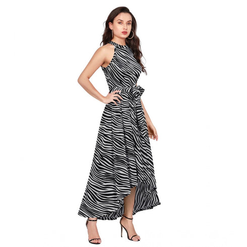 Generic Women's Polyester Zebra Pattern Halter Neck Sleeveless Dress (Navy Blue)