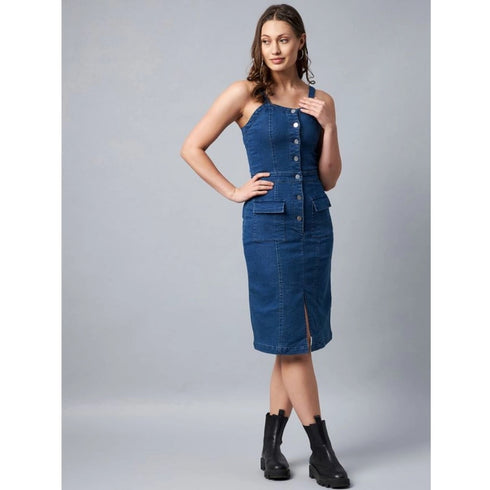 Generic Women's Denim Lycra Solid Square Neck Shoulder Straps Dress (Blue)