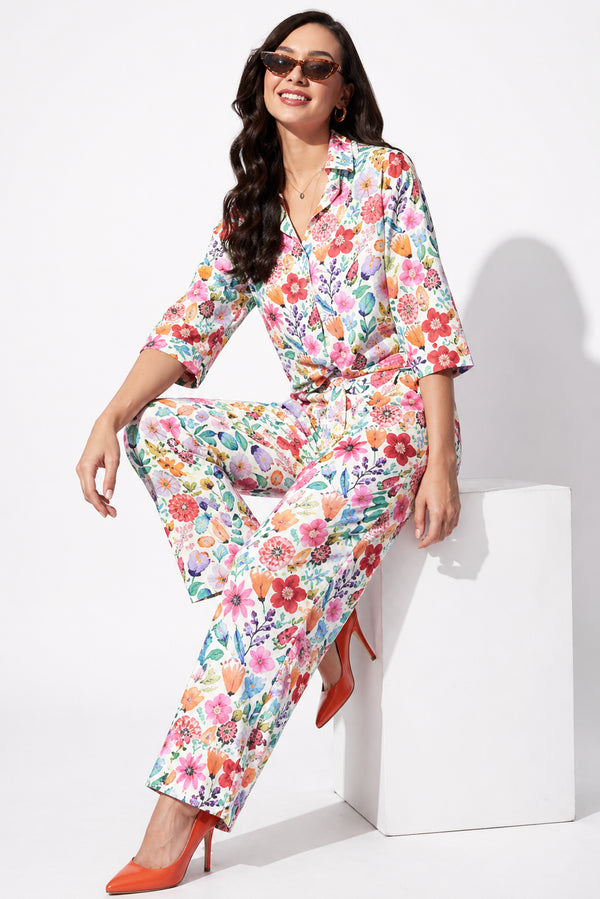 Generic Women's Polyester Floral 3-4th Sleeve Co-Ord Set (Multicolor)