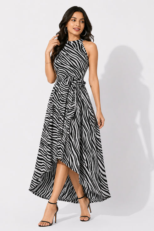 Generic Women's Polyester Zebra Pattern Halter Neck Sleeveless Dress (Navy Blue)