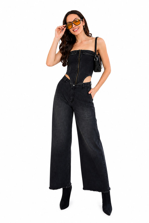 Generic Women's Denim Lycra Solid Sleeveless Top (Black)
