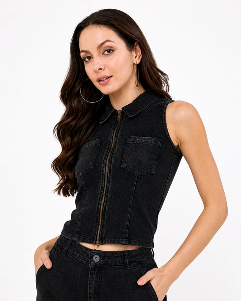 Generic Women's Denim Lycra Solid Sleeveless Top (Black)