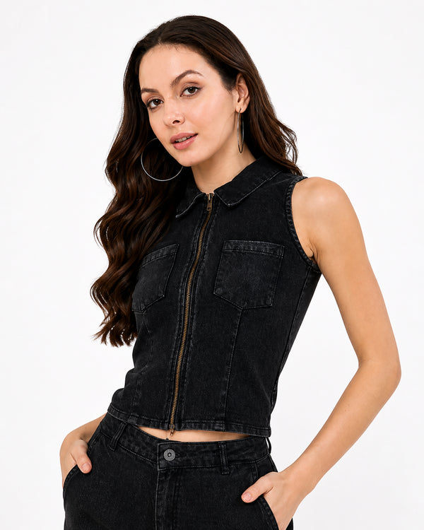 Generic Women's Denim Lycra Solid Sleeveless Top (Black)
