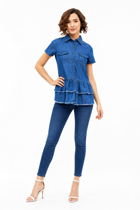 Generic Women's Denim Peplum Short Sleeve Top (Blue)