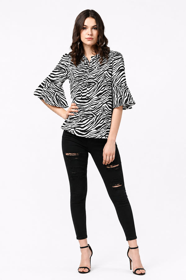 Generic Women's Polyester Animal Print Bell Sleeve Top (Black - White)