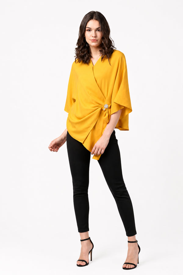 Generic Women's Polyester Solid Cape Sleeve Top (Yellow)