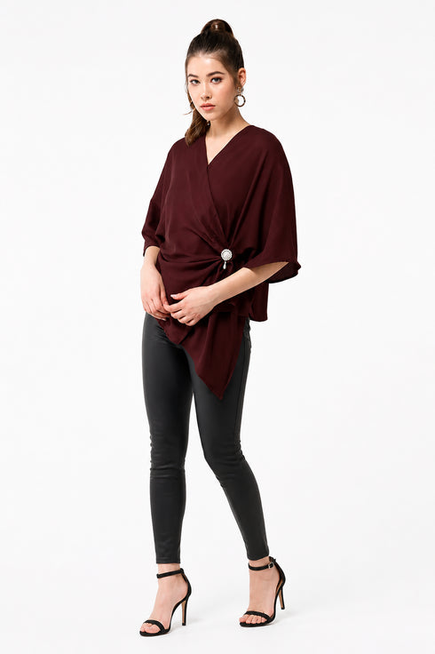 Generic Women's Polyester Solid Cape Sleeve Top (Maroon)