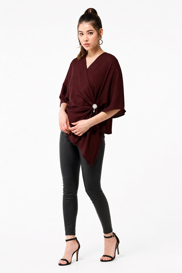 Generic Women's Polyester Solid Cape Sleeve Top (Maroon)