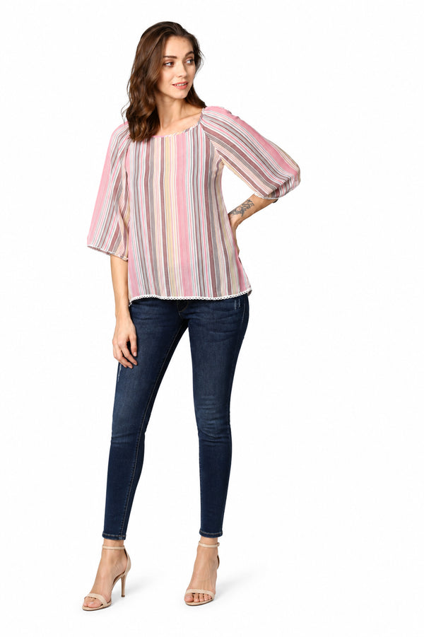 Generic Women's Polyester Striped 3-4th Sleeves Top (Pink)