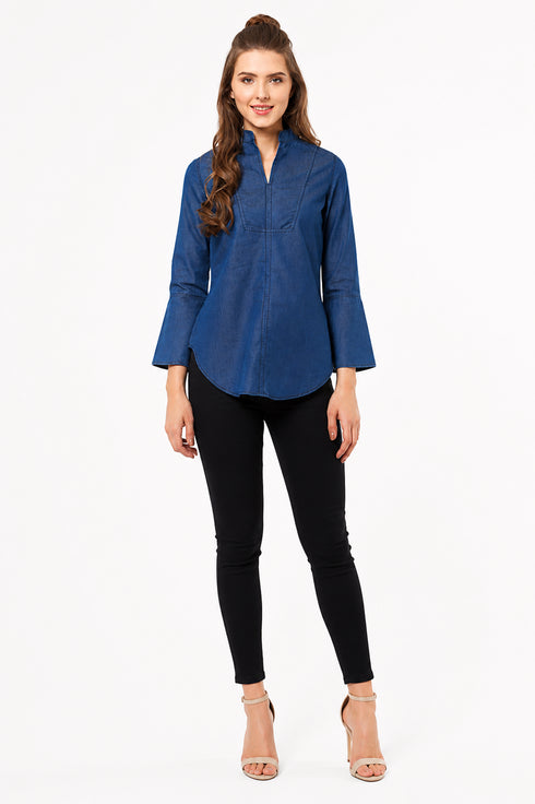 Generic Women's Denim Solid Bell Sleeve Regular Top (Blue Denim)