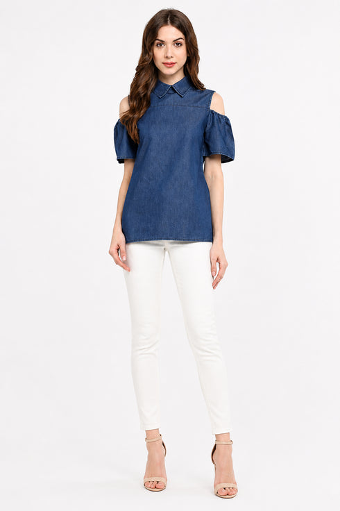 Generic Women's Denim Solid Cold Shoulder Regular Top (Blue)