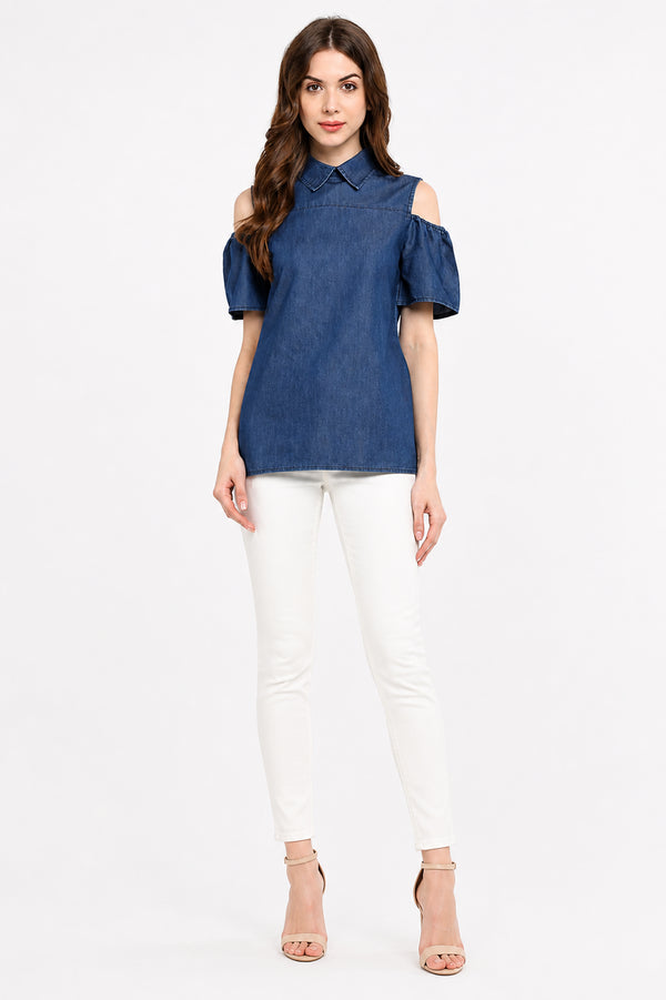 Generic Women's Denim Solid Cold Shoulder Regular Top (Blue)