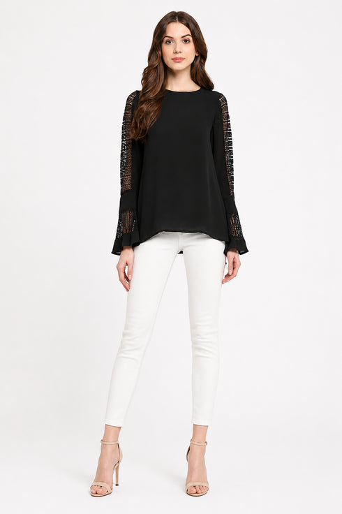 Generic Women's Polyester Georgette Self Design Bell Sleeve Regular Top (Black)