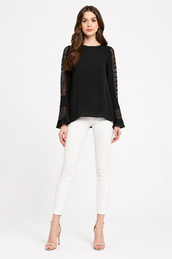 Generic Women's Polyester Georgette Self Design Bell Sleeve Regular Top (Black)