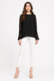 Generic Women's Polyester Georgette Self Design Bell Sleeve Regular Top (Black)