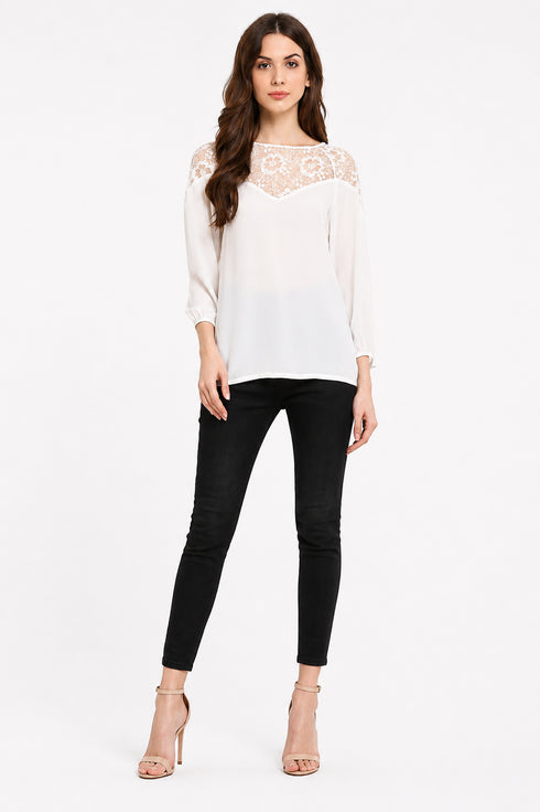 Generic Women's Polyester Georgette Self Design 3-4th Sleeves Regular Top (White)