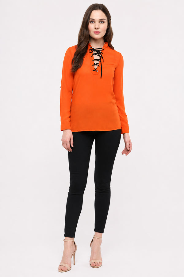 Generic Women's Polyester Solid Long Sleeves Regular Top (Orange)