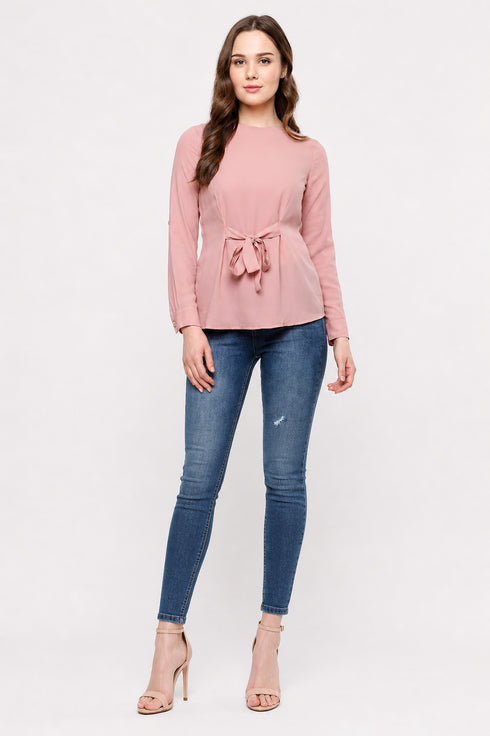 Generic Women's Polyester Solid Long Sleeves Regular Top (Pink)