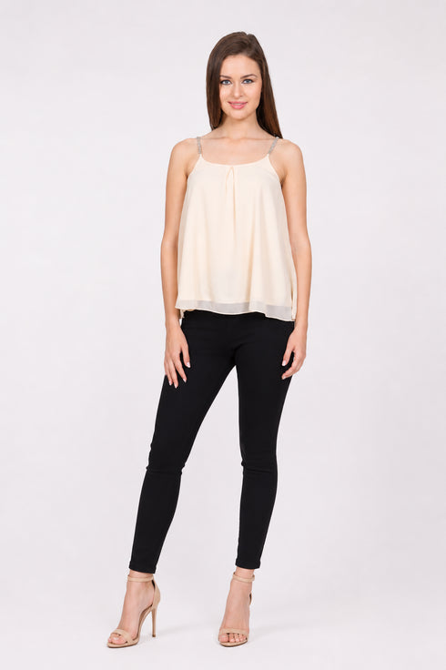 Generic Women's Polyester Solid Shoulder Straps Regular Top (Beige)