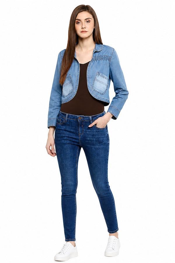 Generic Women's Denim Smocking 3-4th Sleeves Shrug (Blue)